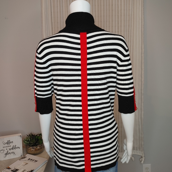 MARINA V PARIS STRIPED TURTLENECK SWEATER,BLACK/WHITE/RED T4 (Fits like M) - Picture 6 of 9